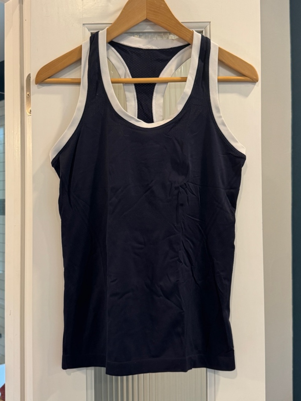 Athleta Women's Navy Blue Racerback Tank with White Trim